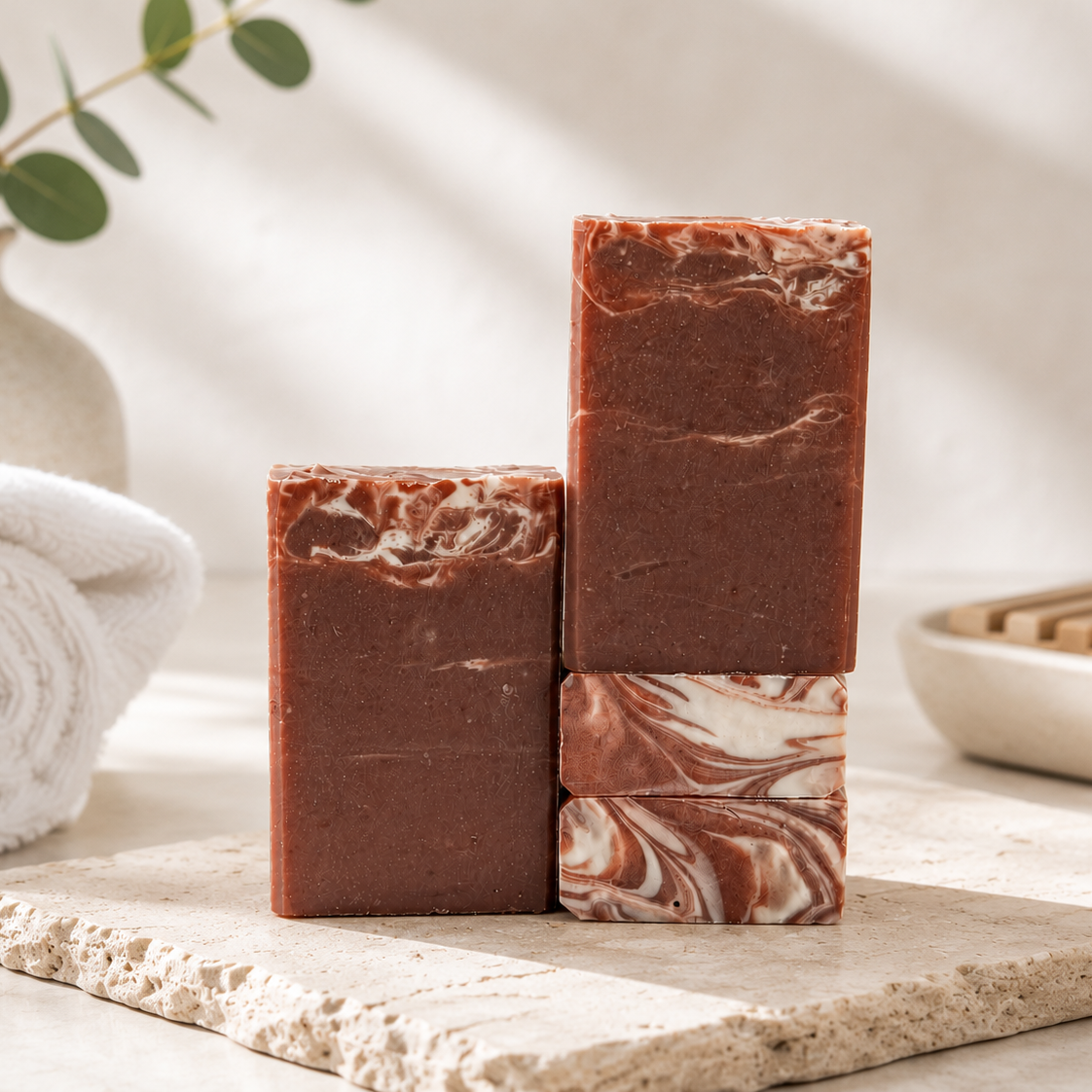 Three rectangular bars of handmade soap in warm reddish-brown tones with marbled swirls, arranged on a stone slab with a rolled towel, ceramic vase with greenery, and a wooden dish in a softly lit bathroom-like setting.