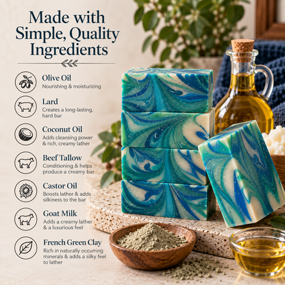 Three marbled soap bars in blue, teal, and green are displayed with ingredient callouts on the left, including olive oil, lard, coconut oil, beef tallow, castor oil, goat milk, and French green clay. A bottle of oil and a bowl of powder sit in a styled setting with a cork stopper and a plant in the background.