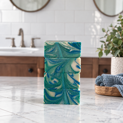Four stacked rectangular handmade bars of soap with a blue and green marbled swirl pattern, standing on a white marble countertop in a bright, modern bathroom setting.