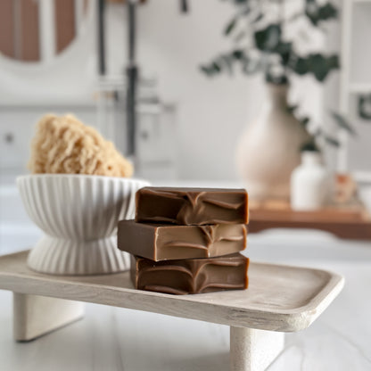 Three bars of soap stacked on a wooden tray with a blurred bathroom background