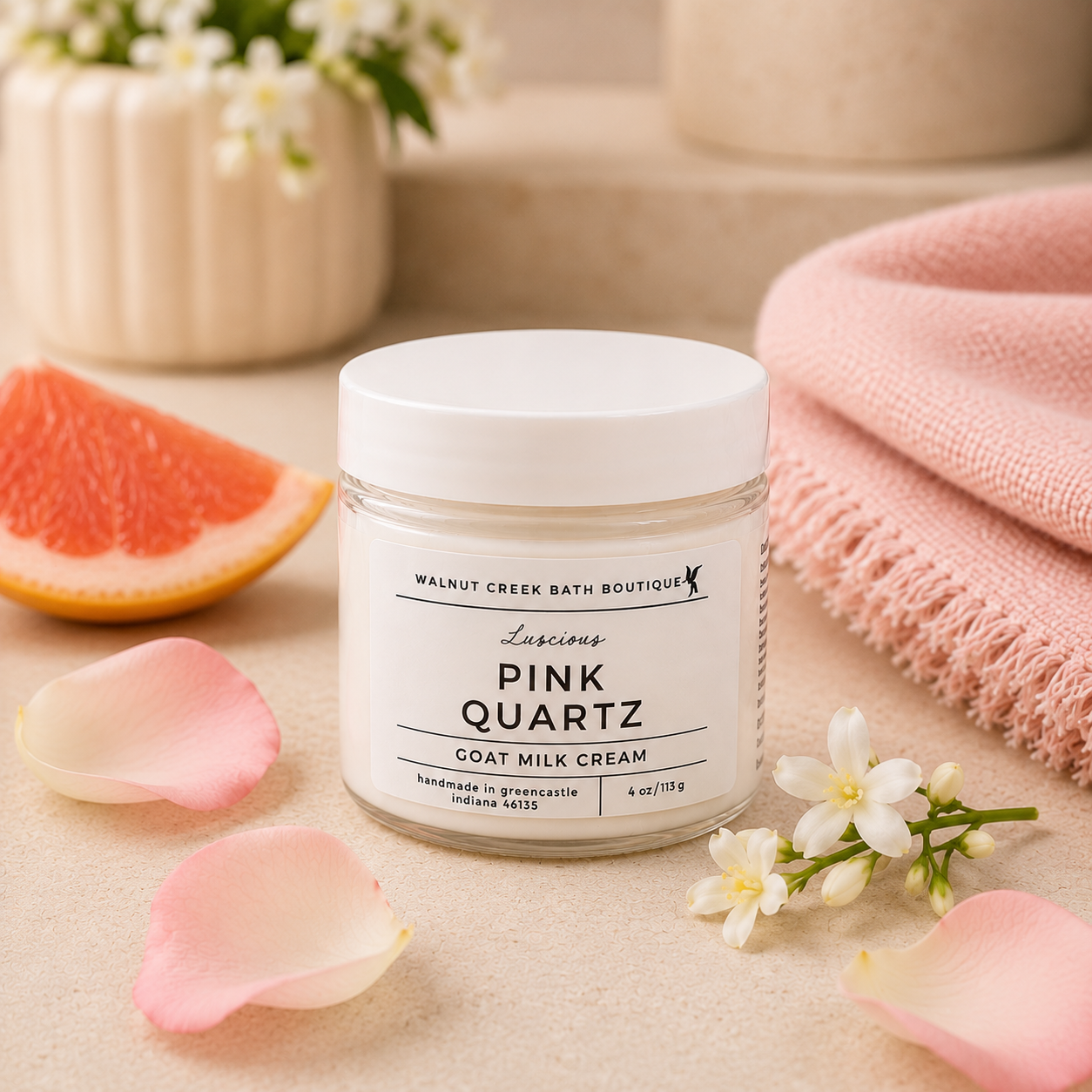Jar of Pink Quartz goat milk cream with flowers and a towel on a light surface