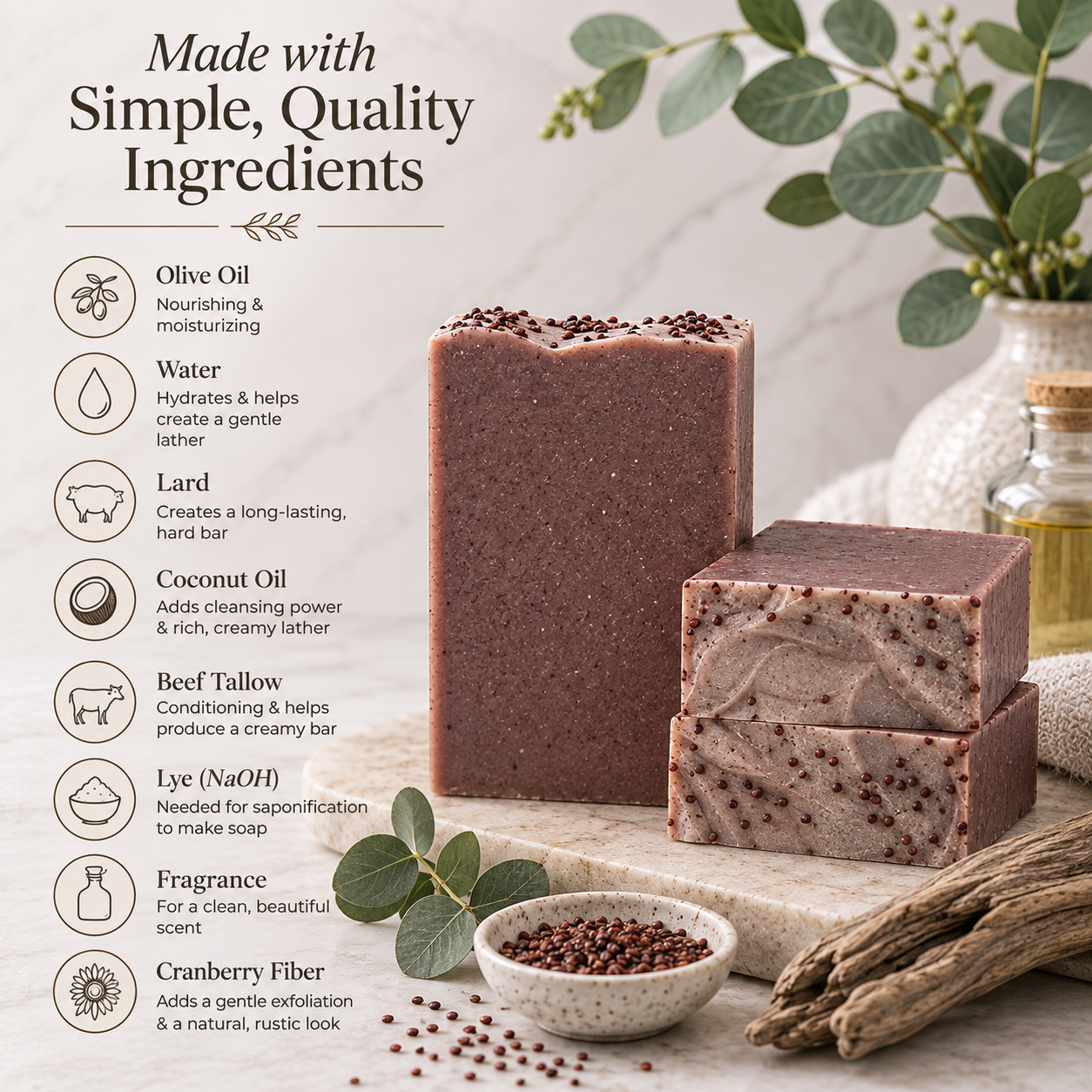 Two handmade soap bars with visible cranberry fiber inclusions are displayed on a marble slab with eucalyptus leaves and a small bowl of cranberries. The left side features a text overlay detailing the ingredients: olive oil, water, lard, coconut oil, beef tallow, lye, fragrance, and cranberry fiber.