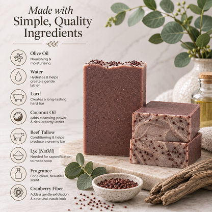 Two handmade soap bars with visible cranberry fiber inclusions are displayed on a marble slab with eucalyptus leaves and a small bowl of cranberries. The left side features a text overlay detailing the ingredients: olive oil, water, lard, coconut oil, beef tallow, lye, fragrance, and cranberry fiber.