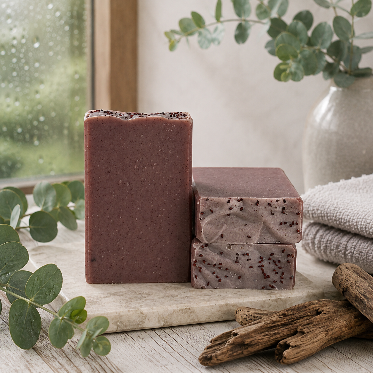 Three rectangular bars of handmade soap in earthy mauve-brown tones with dark speckles, arranged on a stone slab with eucalyptus leaves, driftwood, and a folded towel in a softly lit interior setting.