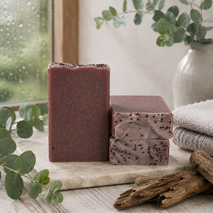 Three rectangular bars of handmade soap in earthy mauve-brown tones with dark speckles, arranged on a stone slab with eucalyptus leaves, driftwood, and a folded towel in a softly lit interior setting.