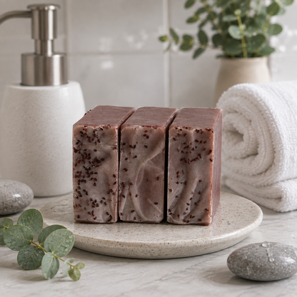 Three rectangular bars of handmade soap with a dusty mauve-brown color and dark brown speckles, displayed on a round stone plate in a bathroom setting with a towel, soap dispenser, and eucalyptus leaves.