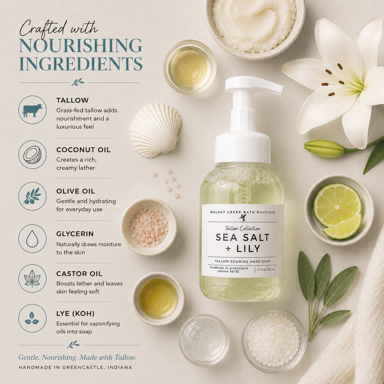 A bottle of Mount Green Bath Boutique Tallow Collection Sea Salt + Lily hand soap is displayed in a styled flat-lay arrangement with natural ingredients like lily flowers, sea salt, coconut oil, and olive oil on a light beige background.
