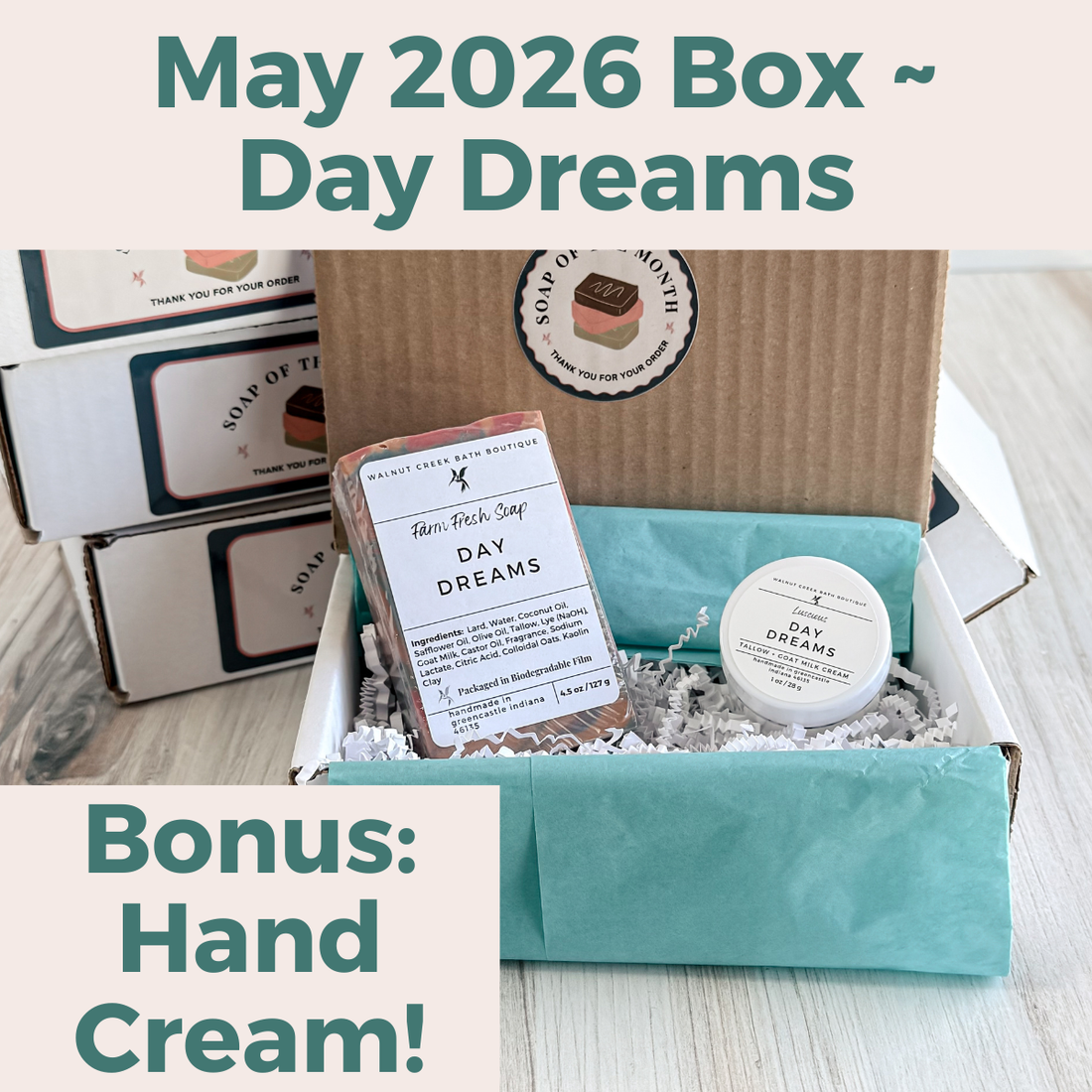 May 2026 themed box with soap and cream, featuring &
