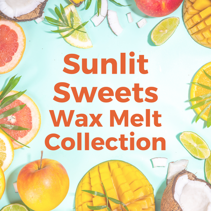 image with the words of sunlit sweets wax melt collection over an image of mangos, limes, apples and grapefruits, cut and whole - this is all on a light blue background