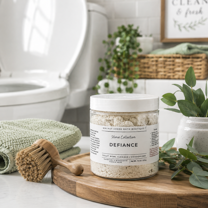 A jar of Home Collection Defiance Toilet Bowl Cleaner by Mountain Creek Bath Boutique sits on a wooden tray in a bright, modern bathroom setting with a green towel, wooden brush, and plants.