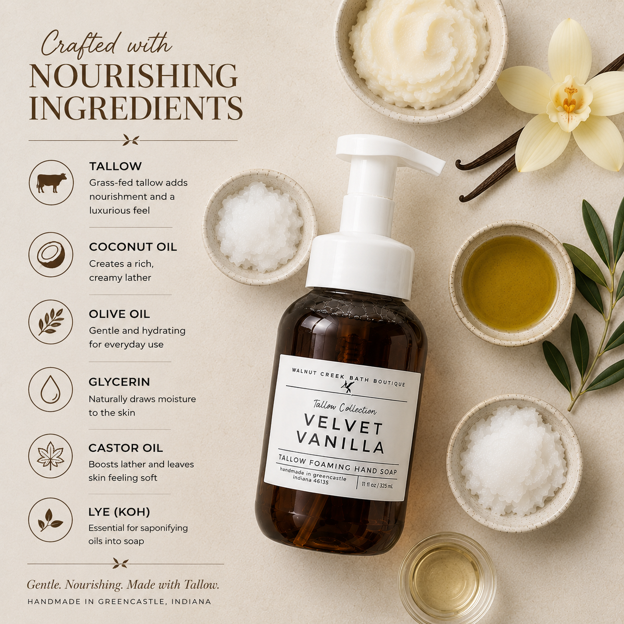 A bottle of Velvet Vanilla hand soap by Tallow Collection is centered on a beige flat-lay background with ingredient callouts and small bowls of ingredients around it. The bottle is amber brown with a white pump and a white label.