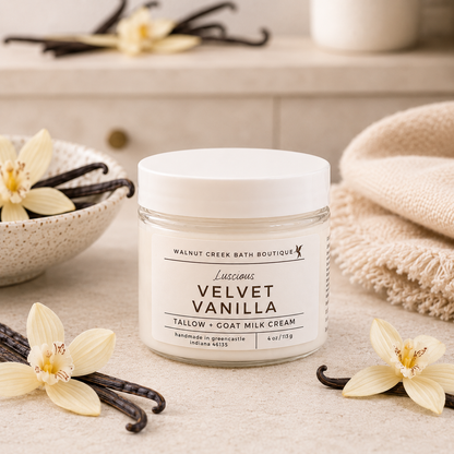 Jar of Velvet Vanilla cream with vanilla flowers and a towel in the background
