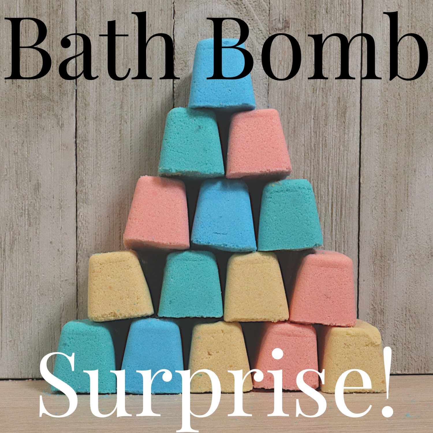 a pyramid stack of small bath bombs in all different colors. Bath bomb surprise is written across the image 